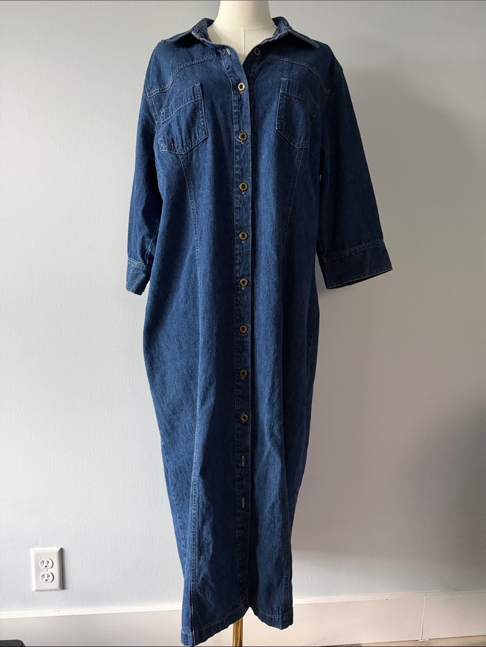 Vintage Authentic Faded Glory Dark Blue Denim Maxi Shirt Dress